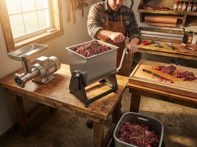 Meat mixer bolted to a grinder motor attachment