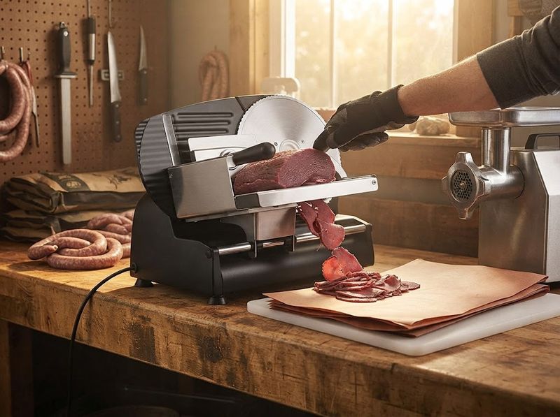 Electric meat slicer working through a chilled roast