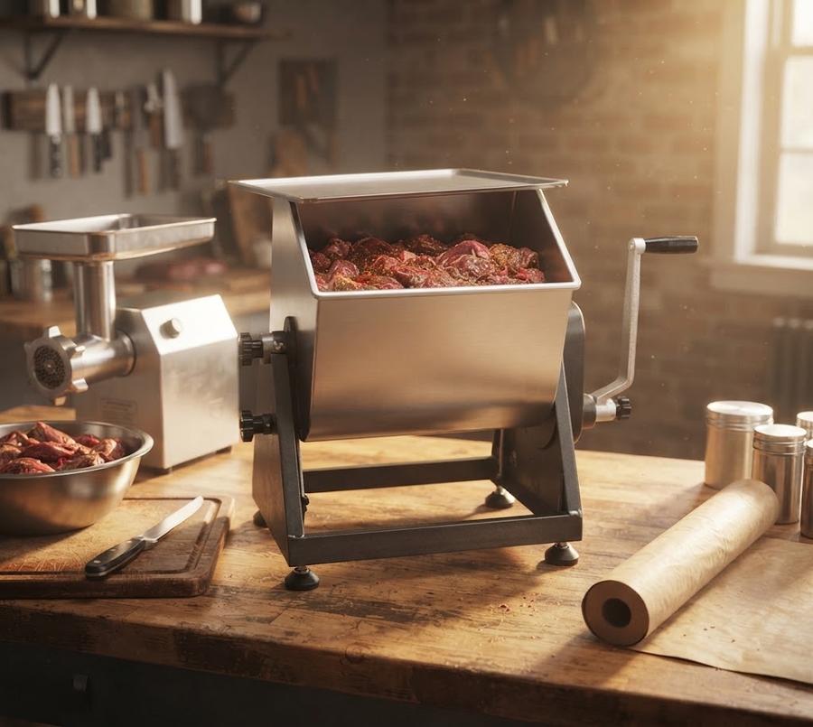 Meat mixer drum loaded with seasoned trim