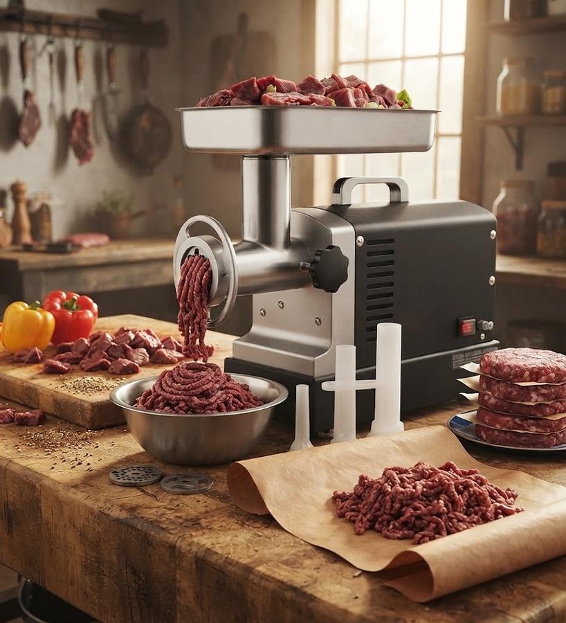 Commercial meat grinder running ground venison into a stainless tray