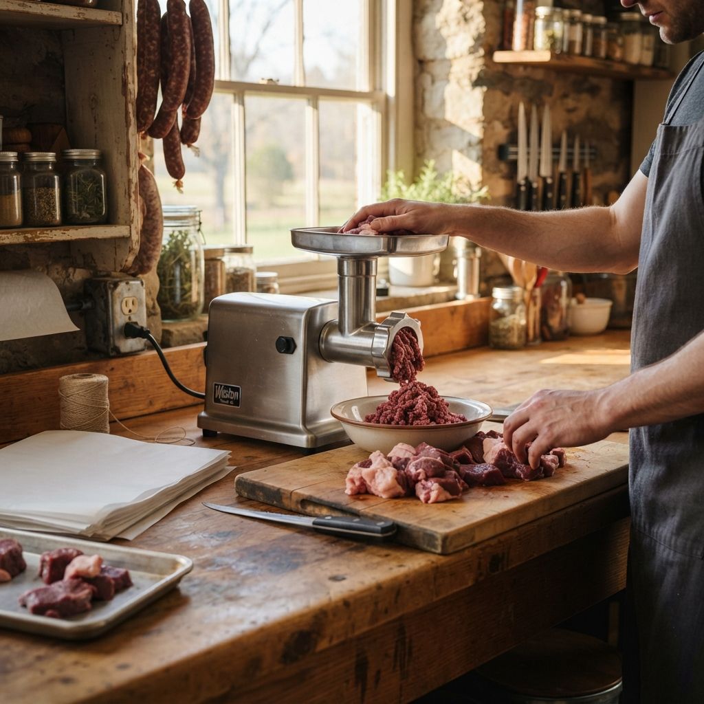 Meat grinder and butcher tools on a workshop counter